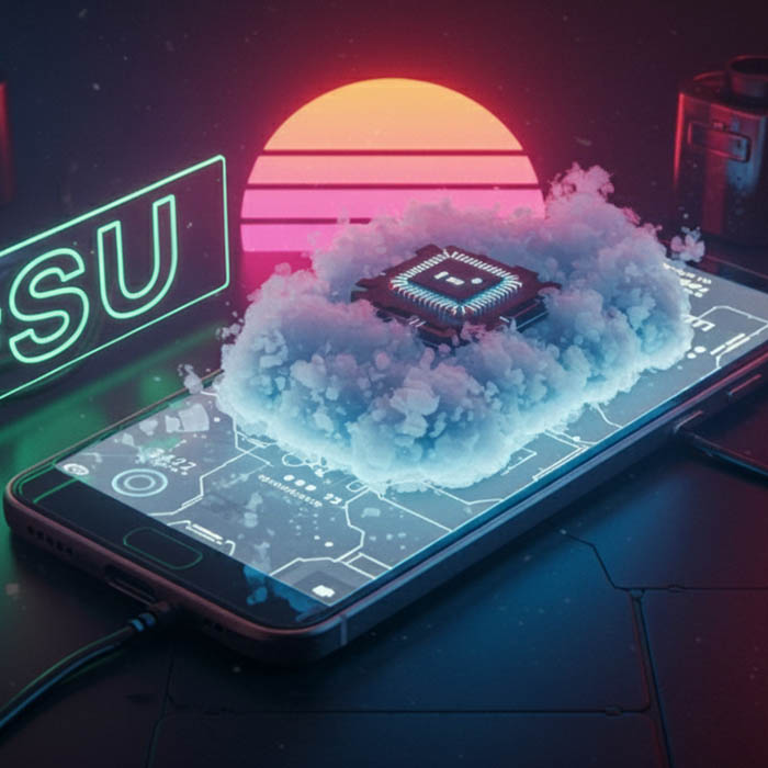 Futuristic snapshot of mobile apps, cloud and AI