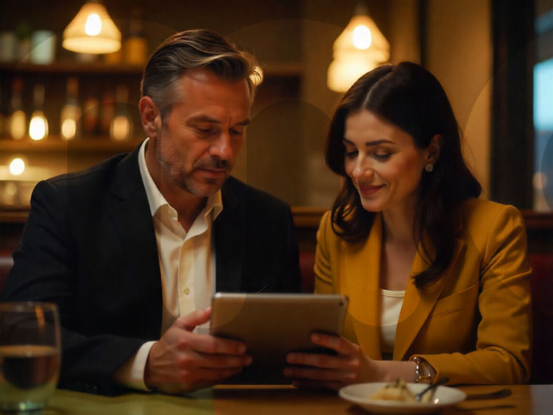 Snapshot of a couple holding a digital wine menu at a restaurant